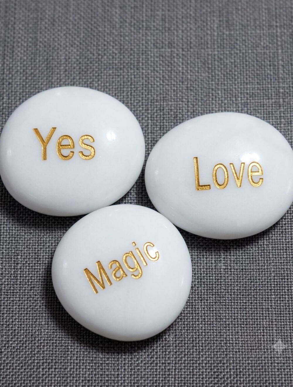 Affirmation Glass Stones Set (4) - White with Gold Text (Yes, Love, Magic)